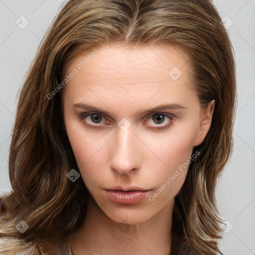 Neutral white young-adult female with long  brown hair and brown eyes