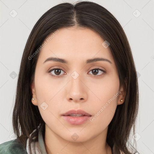 Neutral asian young-adult female with medium  brown hair and brown eyes