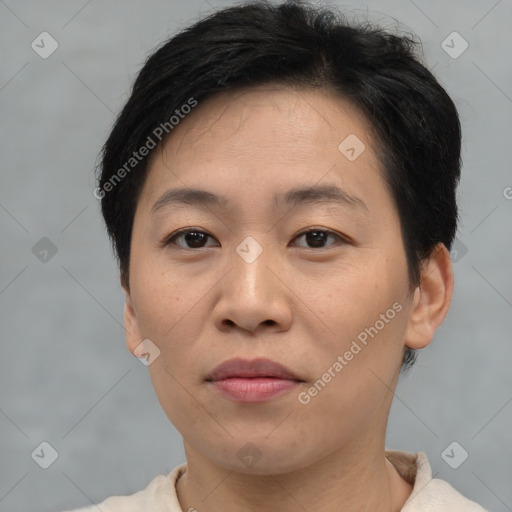 Joyful asian adult female with short  brown hair and brown eyes