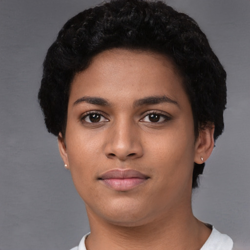 Neutral black young-adult female with short  black hair and brown eyes