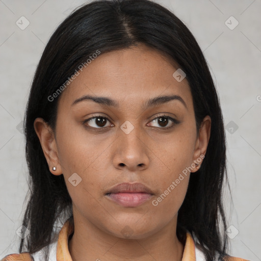 Neutral black young-adult female with medium  brown hair and brown eyes