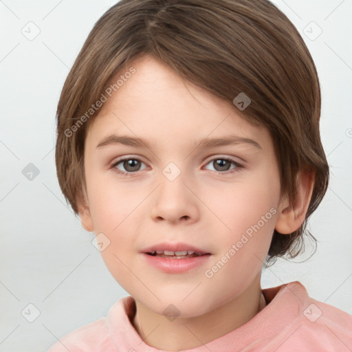 Joyful white child female with medium  brown hair and brown eyes