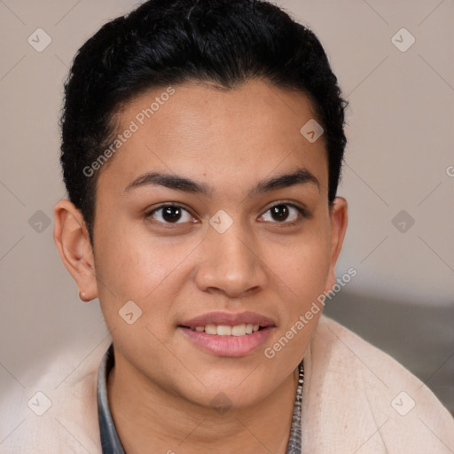 Joyful white young-adult female with short  brown hair and brown eyes