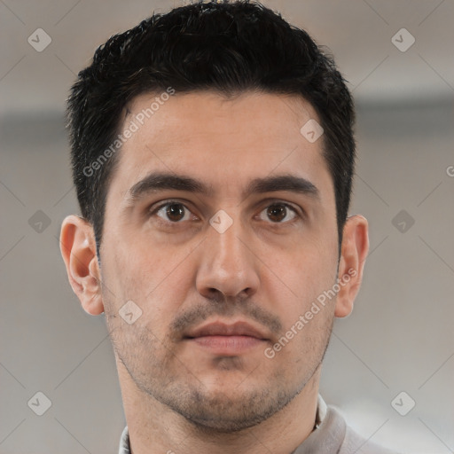 Neutral white young-adult male with short  brown hair and brown eyes