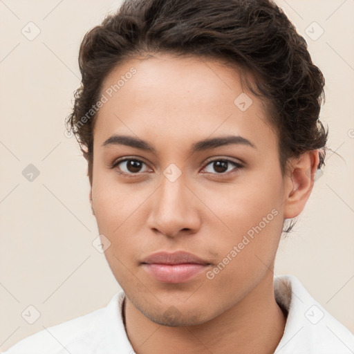 Neutral white young-adult female with short  brown hair and brown eyes