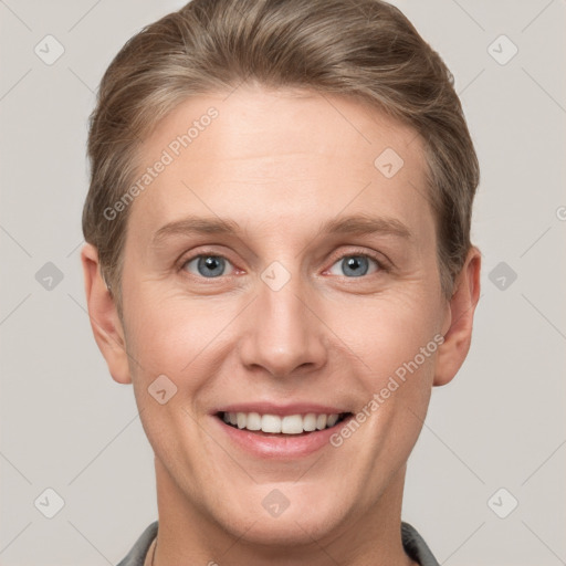 Joyful white young-adult female with short  brown hair and grey eyes