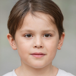 Joyful white child female with short  brown hair and brown eyes