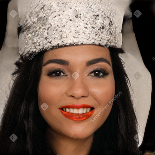 Joyful white young-adult female with long  black hair and brown eyes