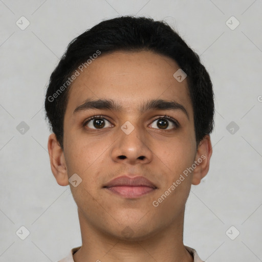 Neutral latino young-adult male with short  brown hair and brown eyes