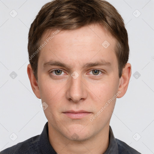 Neutral white young-adult male with short  brown hair and grey eyes