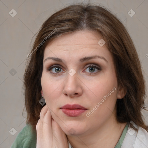 Neutral white young-adult female with medium  brown hair and brown eyes