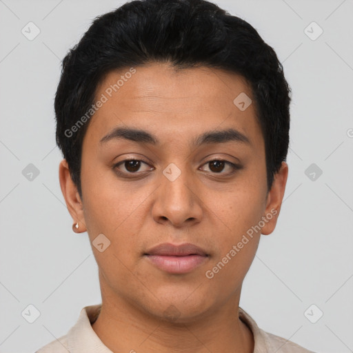 Neutral latino young-adult male with short  black hair and brown eyes