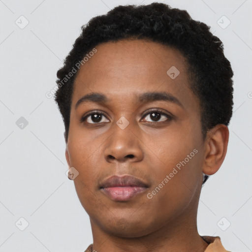 Neutral black young-adult male with short  black hair and brown eyes