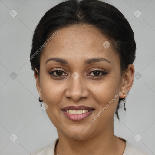 Joyful latino young-adult female with short  brown hair and brown eyes