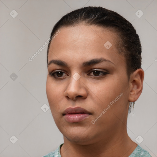 Neutral white young-adult female with short  brown hair and brown eyes