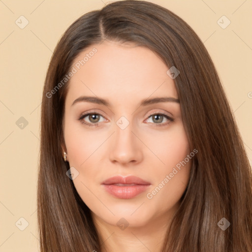 Neutral white young-adult female with long  brown hair and brown eyes