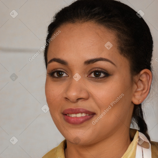 Joyful latino young-adult female with long  brown hair and brown eyes