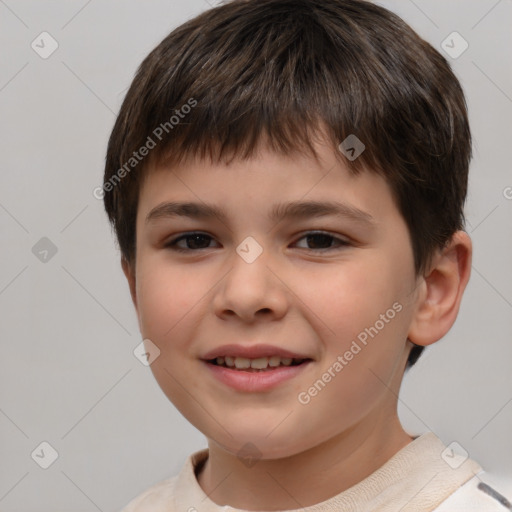 Joyful white child male with short  brown hair and brown eyes