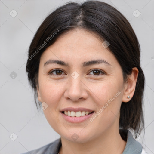 Joyful white young-adult female with medium  brown hair and brown eyes