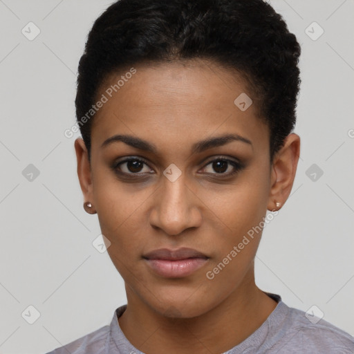 Joyful latino young-adult female with short  black hair and brown eyes