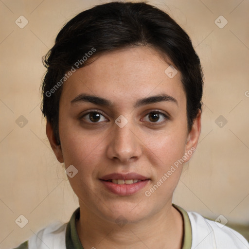 Joyful white young-adult female with short  brown hair and brown eyes