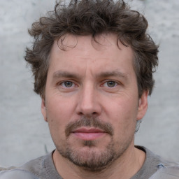 Joyful white adult male with short  brown hair and grey eyes