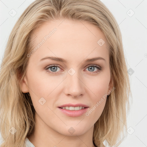 Joyful white young-adult female with medium  brown hair and blue eyes