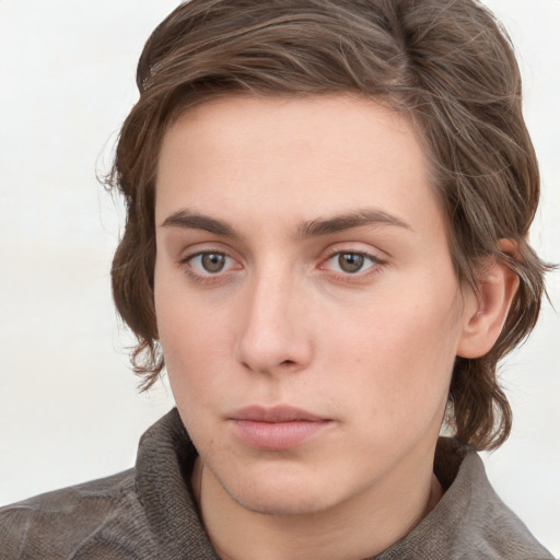 Neutral white young-adult female with medium  brown hair and grey eyes