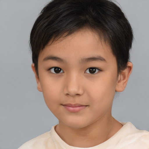 Joyful asian child female with short  brown hair and brown eyes