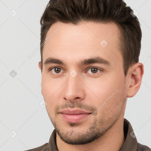 Neutral white young-adult male with short  brown hair and brown eyes