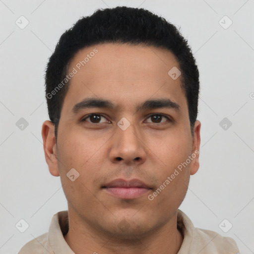 Neutral latino young-adult male with short  black hair and brown eyes