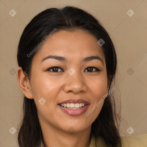 Joyful white young-adult female with long  brown hair and brown eyes