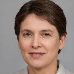 Joyful white adult female with short  brown hair and grey eyes