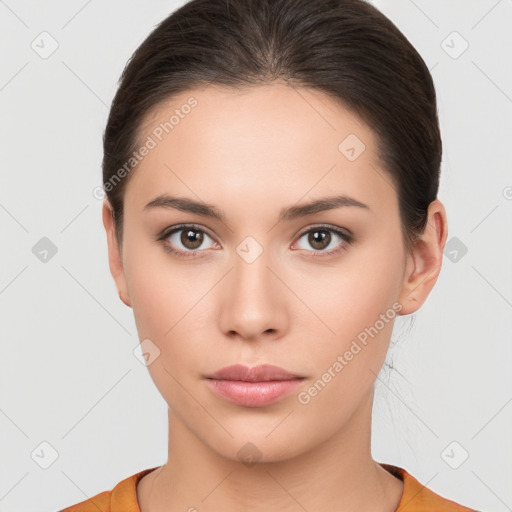 Neutral white young-adult female with short  brown hair and brown eyes