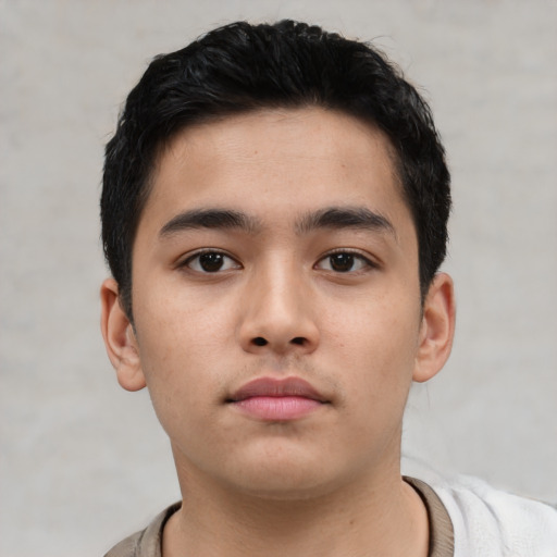 Neutral asian young-adult male with short  black hair and brown eyes