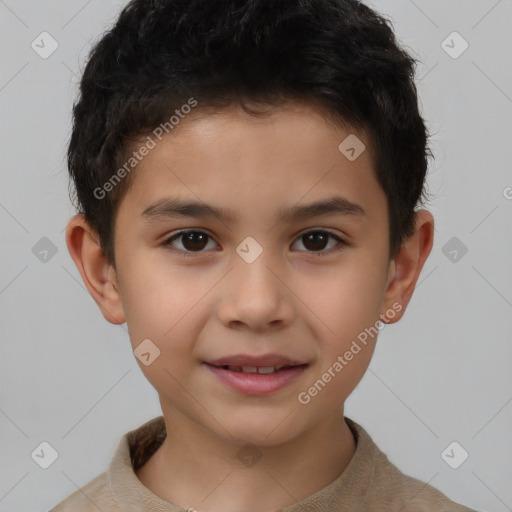 Joyful white child male with short  brown hair and brown eyes