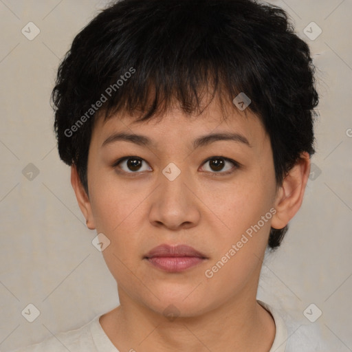 Joyful asian young-adult female with short  brown hair and brown eyes