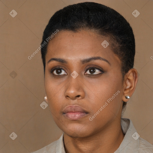 Neutral black young-adult female with short  black hair and brown eyes