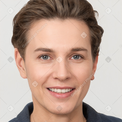 Joyful white young-adult female with short  brown hair and grey eyes