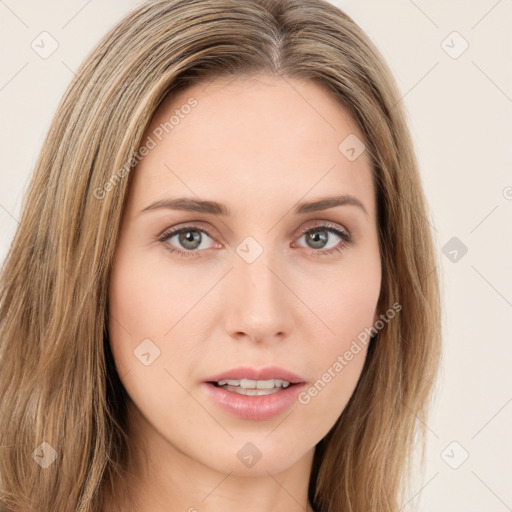 Neutral white young-adult female with long  brown hair and brown eyes