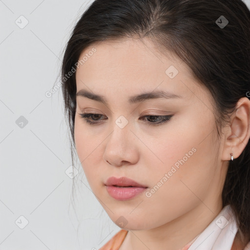 Neutral white young-adult female with medium  brown hair and brown eyes