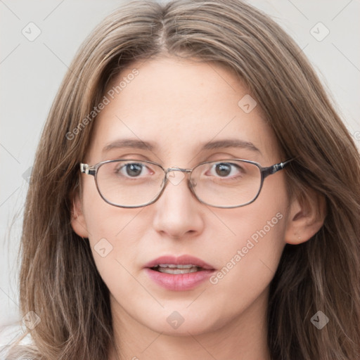 Neutral white young-adult female with long  brown hair and grey eyes