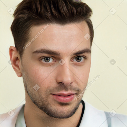 Neutral white young-adult male with short  brown hair and brown eyes