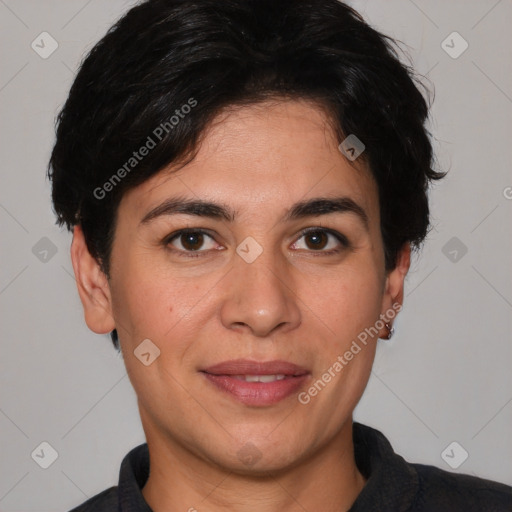 Joyful white adult female with short  brown hair and brown eyes