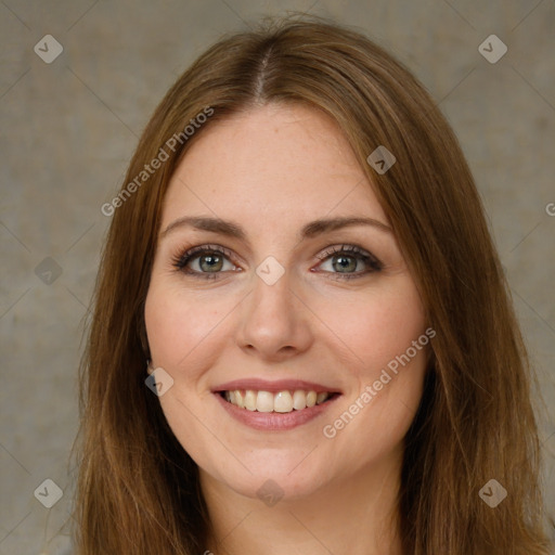 Joyful white young-adult female with long  brown hair and green eyes