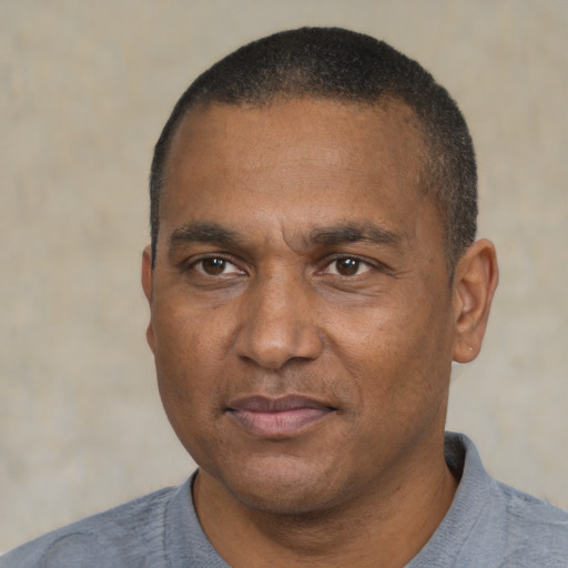 Neutral black adult male with short  black hair and brown eyes