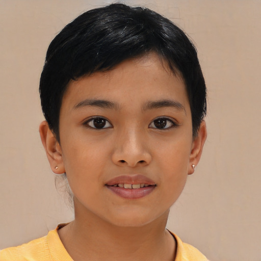 Joyful asian child female with short  black hair and brown eyes