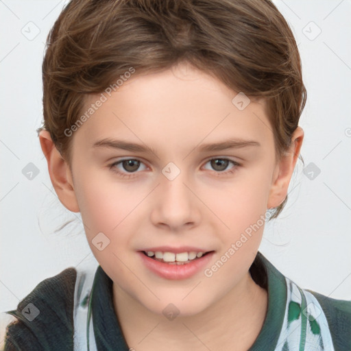 Joyful white child female with medium  brown hair and brown eyes