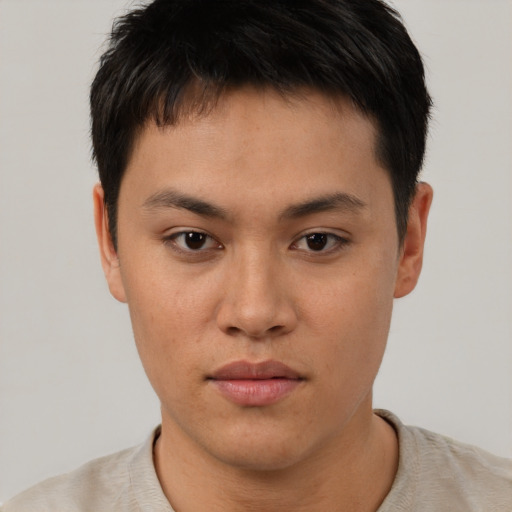 Neutral asian young-adult male with short  black hair and brown eyes