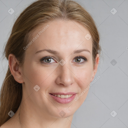 Joyful white young-adult female with medium  brown hair and blue eyes